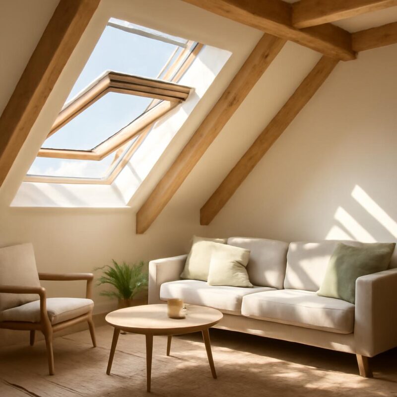 Bright loft room with Velux skylight window letting in natural daylight