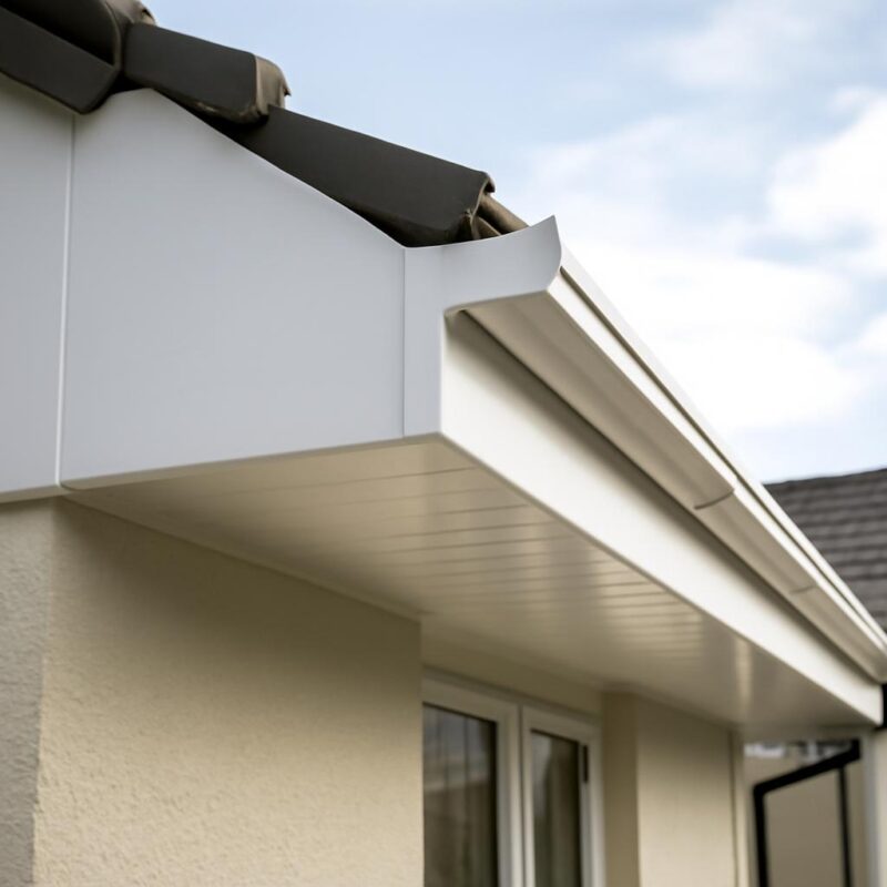 Close-up of house roofline showing white UPVC fascias and soffits in natural daylight in a Fife home